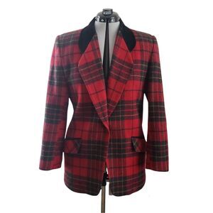 sz 10 Red Black Gold Plaid Wool Blazer Suede collar lined Charter Club vintage